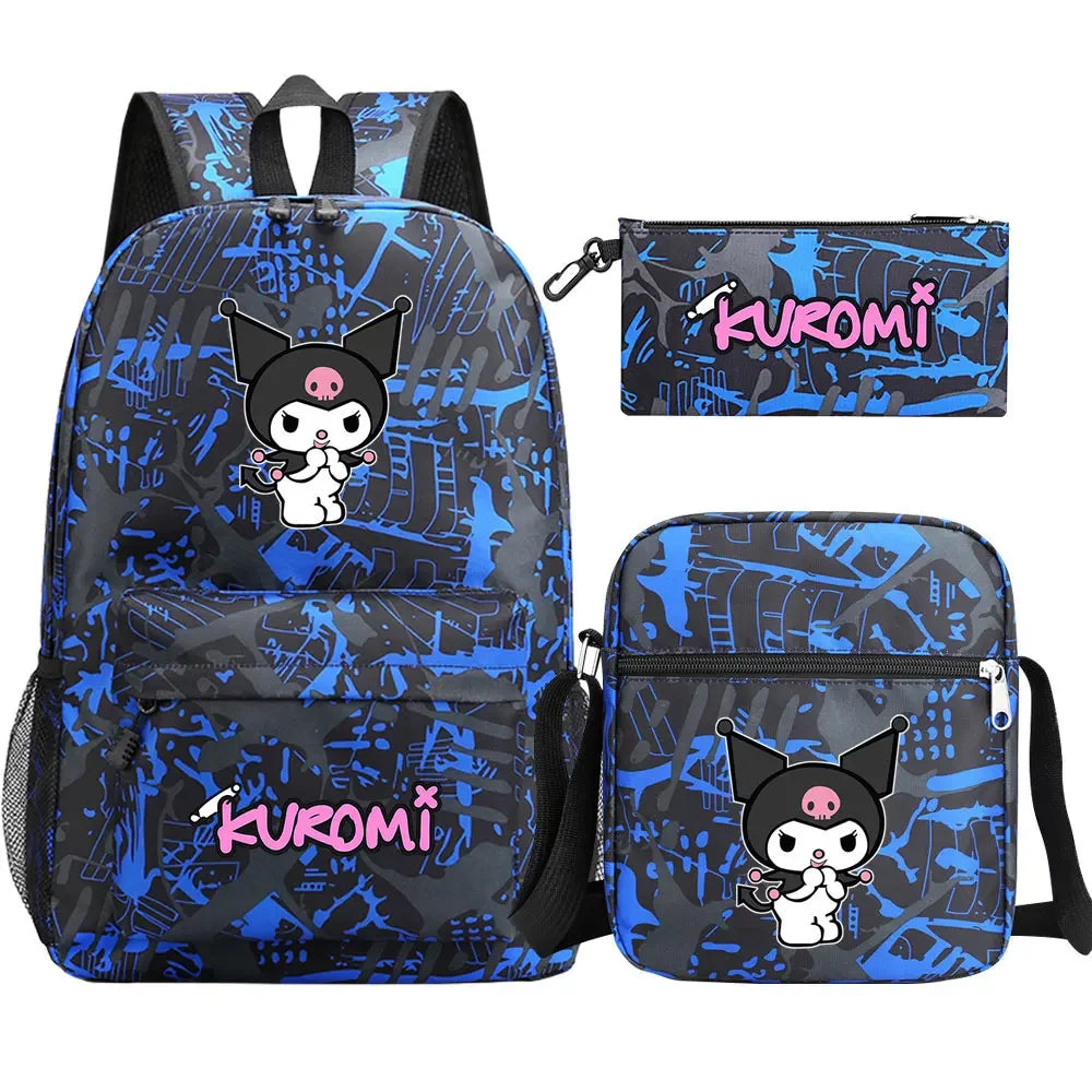 New Kawaii Kuromi 3Pcs Boy Girl Kids School Book Bags Travel Backpack Shoulder  Bag Pen Bags For Men Women