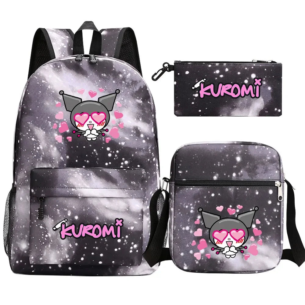 New Kawaii Kuromi 3Pcs Boy Girl Kids School Book Bags Travel Backpack Shoulder  Bag Pen Bags For Men Women