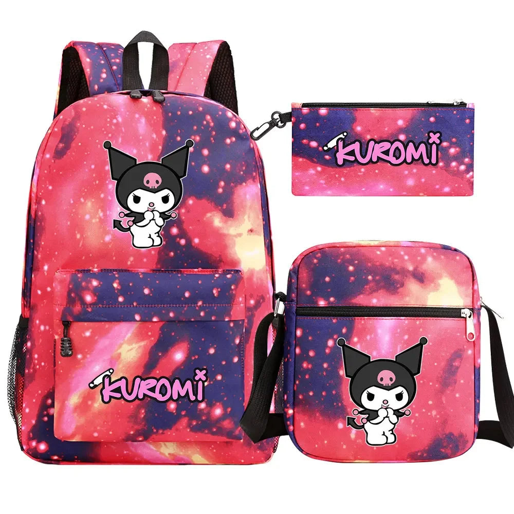 New Kawaii Kuromi 3Pcs Boy Girl Kids School Book Bags Travel Backpack Shoulder  Bag Pen Bags For Men Women