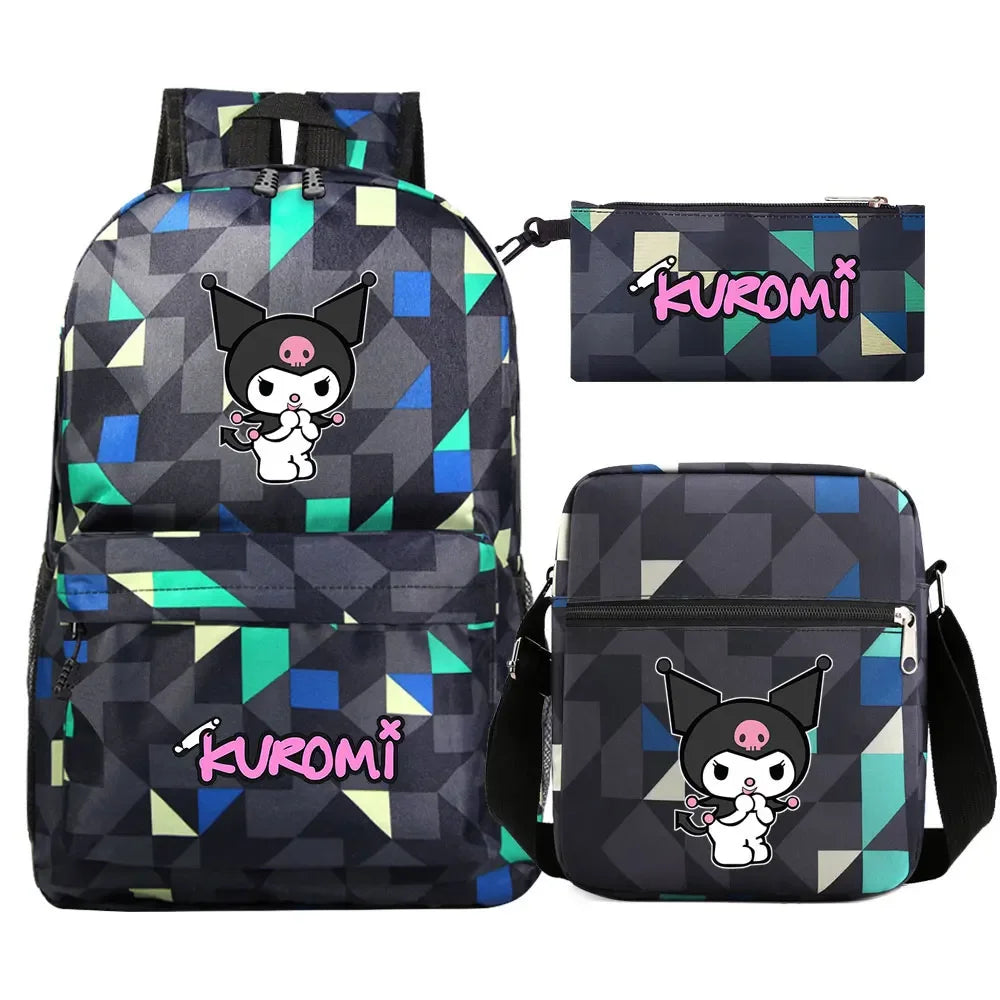 New Kawaii Kuromi 3Pcs Boy Girl Kids School Book Bags Travel Backpack Shoulder  Bag Pen Bags For Men Women