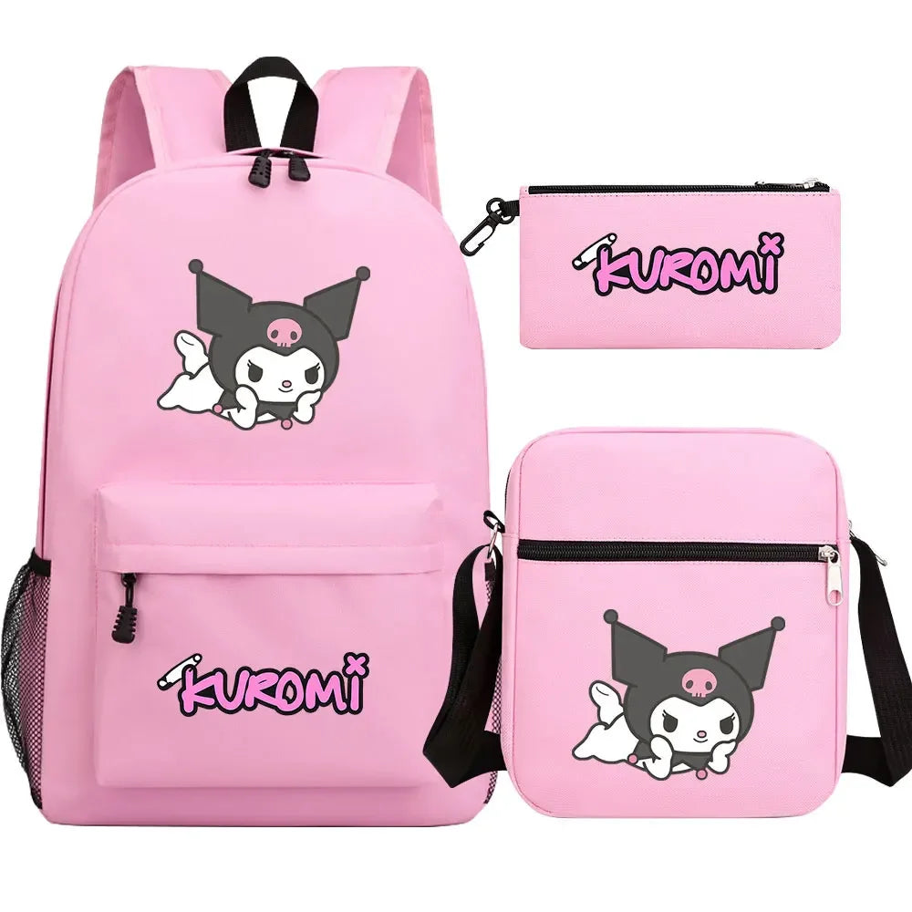 New Kawaii Kuromi 3Pcs Boy Girl Kids School Book Bags Travel Backpack Shoulder  Bag Pen Bags For Men Women