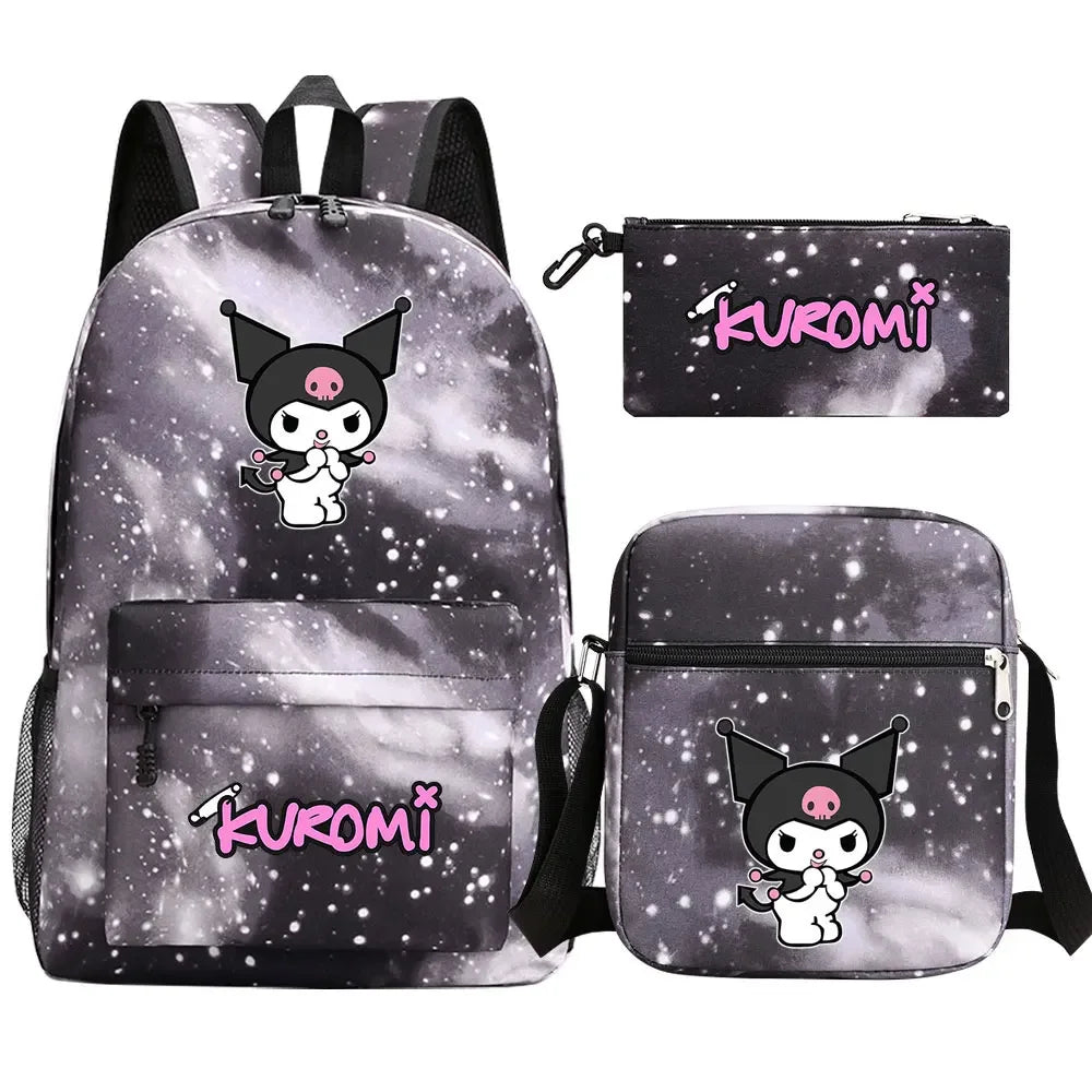 New Kawaii Kuromi 3Pcs Boy Girl Kids School Book Bags Travel Backpack Shoulder  Bag Pen Bags For Men Women