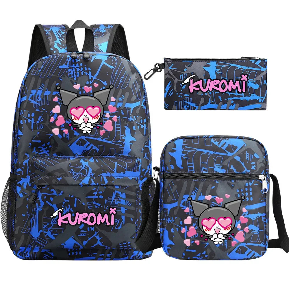 New Kawaii Kuromi 3Pcs Boy Girl Kids School Book Bags Travel Backpack Shoulder  Bag Pen Bags For Men Women