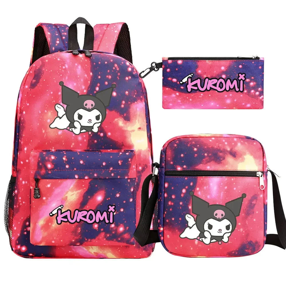 New Kawaii Kuromi 3Pcs Boy Girl Kids School Book Bags Travel Backpack Shoulder  Bag Pen Bags For Men Women