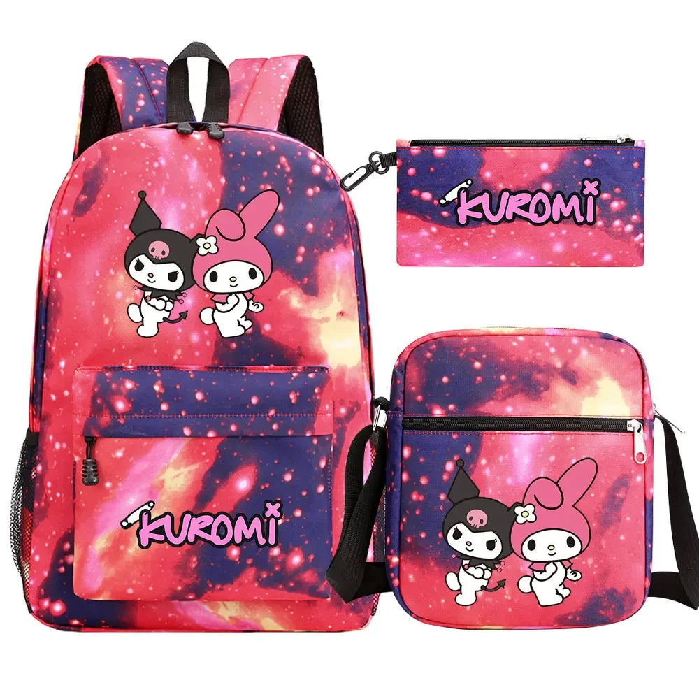 New Kawaii Kuromi 3Pcs Boy Girl Kids School Book Bags Travel Backpack Shoulder  Bag Pen Bags For Men Women