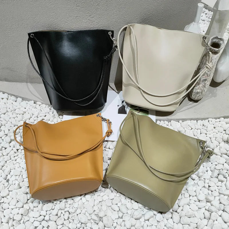 New Korean Large Capacity Bucket Bag Fashion Genuine Leather Shoulder Bags Solid Simple All-match Versatile Bolsos Mujer Female
