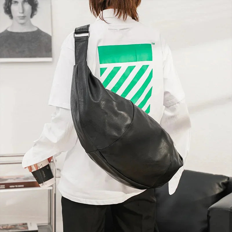 New Korean Style Men Shoulder Personality Dumpling Soft PU Leather CrossBody Casual Travel Bag For Male