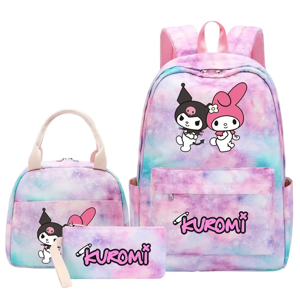 New Kuromi Girls Kids Pen Lunch Bags Bookbags 3 Pcs Women Teenagers Schoolbags Travel Laptop Rainbow Backpack