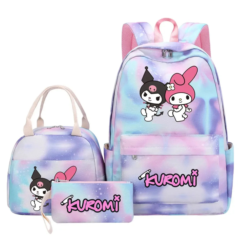 New Kuromi Girls Kids Pen Lunch Bags Bookbags 3 Pcs Women Teenagers Schoolbags Travel Laptop Rainbow Backpack