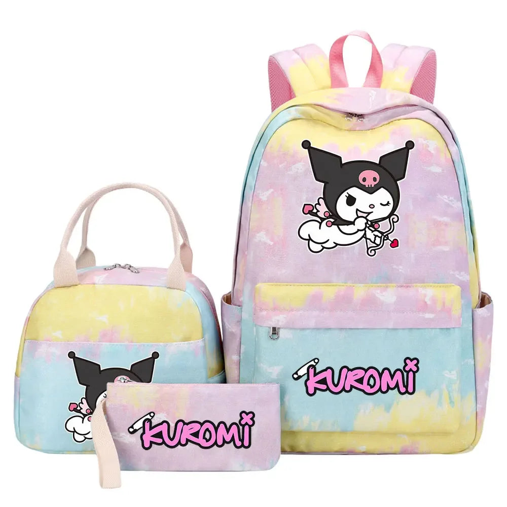 New Kuromi Girls Kids Pen Lunch Bags Bookbags 3 Pcs Women Teenagers Schoolbags Travel Laptop Rainbow Backpack