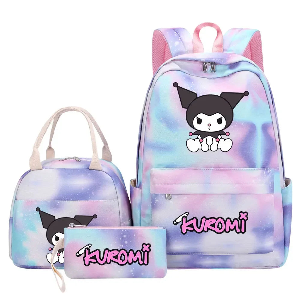 New Kuromi Girls Kids Pen Lunch Bags Bookbags 3 Pcs Women Teenagers Schoolbags Travel Laptop Rainbow Backpack