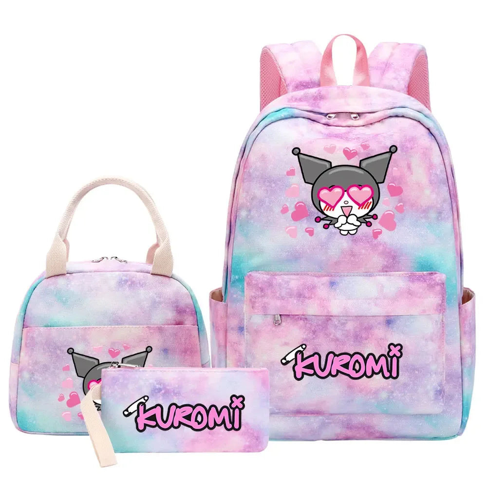 New Kuromi Girls Kids Pen Lunch Bags Bookbags 3 Pcs Women Teenagers Schoolbags Travel Laptop Rainbow Backpack