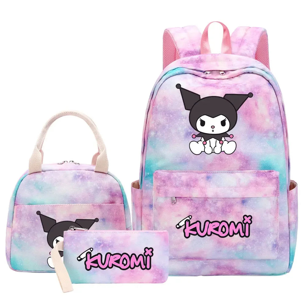 New Kuromi Girls Kids Pen Lunch Bags Bookbags 3 Pcs Women Teenagers Schoolbags Travel Laptop Rainbow Backpack
