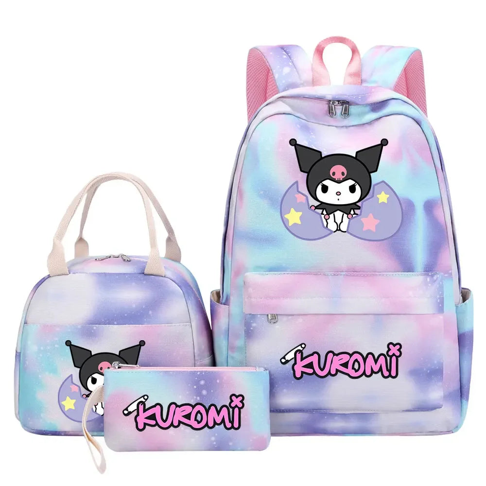 New Kuromi Girls Kids Pen Lunch Bags Bookbags 3 Pcs Women Teenagers Schoolbags Travel Laptop Rainbow Backpack