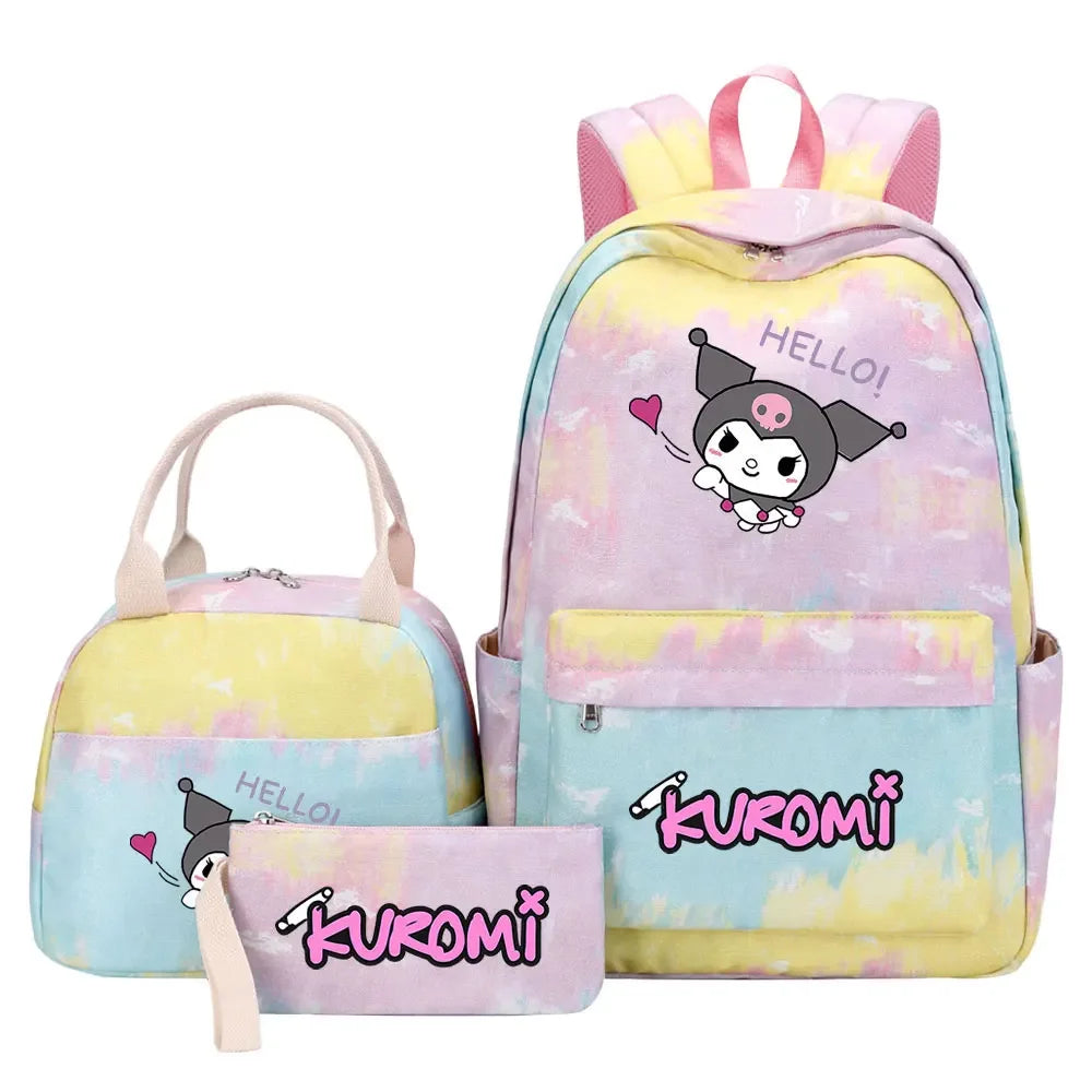 New Kuromi Girls Kids Pen Lunch Bags Bookbags 3 Pcs Women Teenagers Schoolbags Travel Laptop Rainbow Backpack