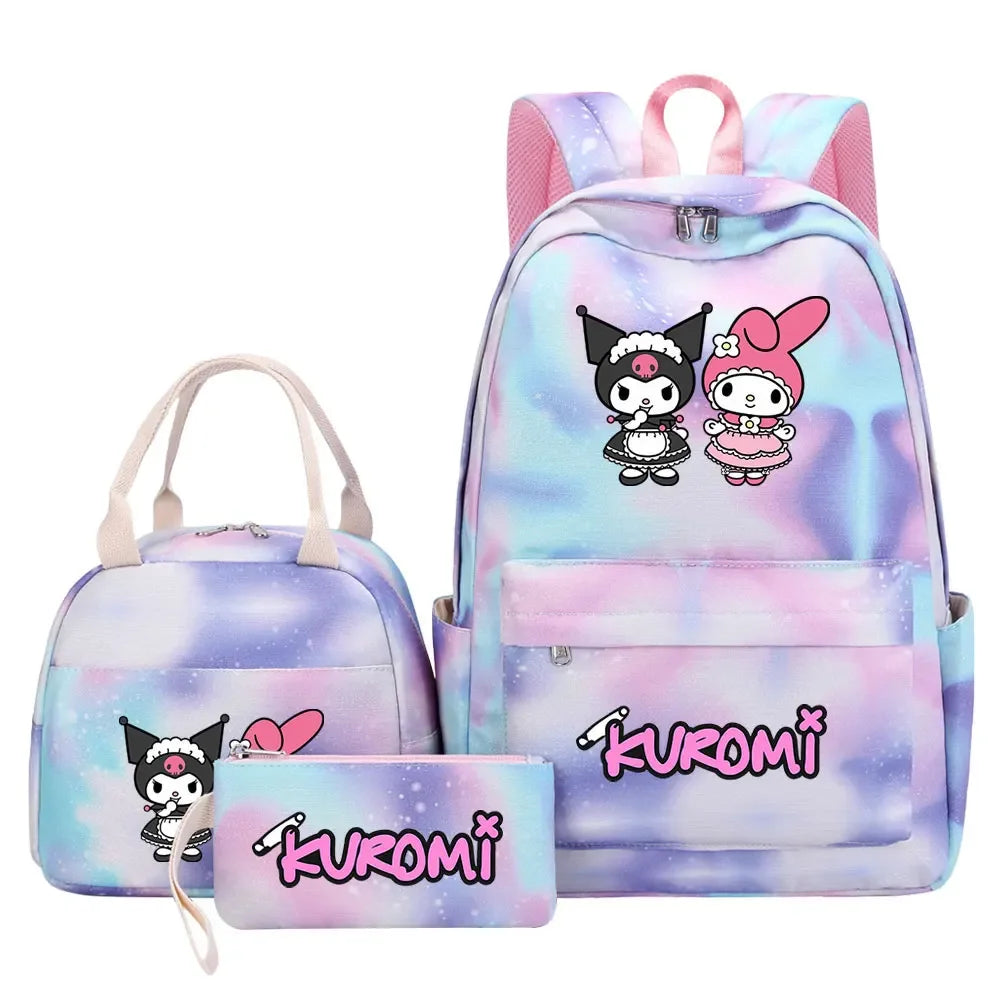New Kuromi Girls Kids Pen Lunch Bags Bookbags 3 Pcs Women Teenagers Schoolbags Travel Laptop Rainbow Backpack