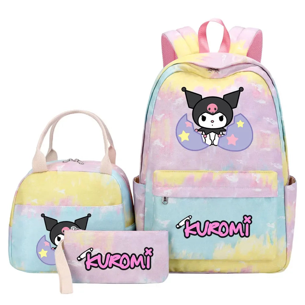 New Kuromi Girls Kids Pen Lunch Bags Bookbags 3 Pcs Women Teenagers Schoolbags Travel Laptop Rainbow Backpack