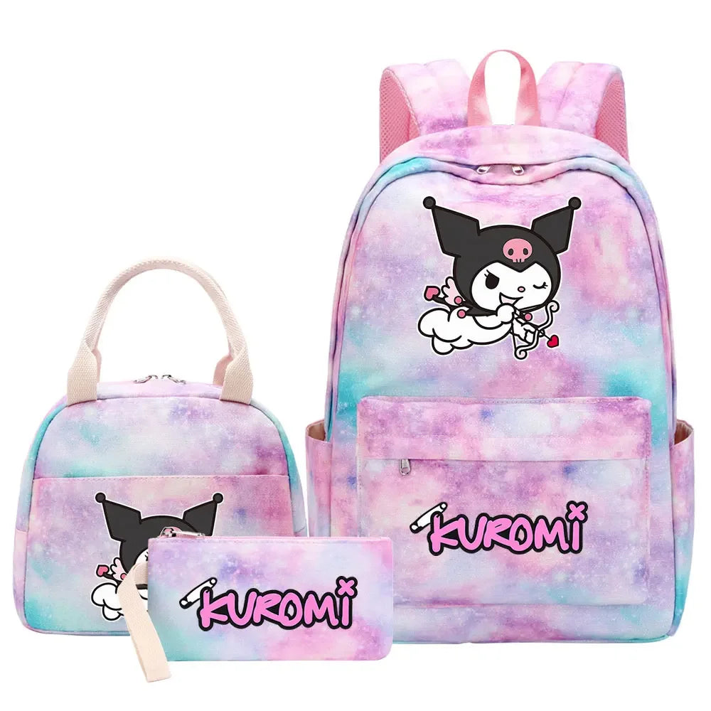 New Kuromi Girls Kids Pen Lunch Bags Bookbags 3 Pcs Women Teenagers Schoolbags Travel Laptop Rainbow Backpack