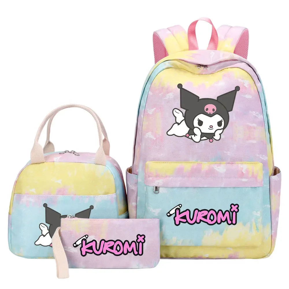 New Kuromi Girls Kids Pen Lunch Bags Bookbags 3 Pcs Women Teenagers Schoolbags Travel Laptop Rainbow Backpack