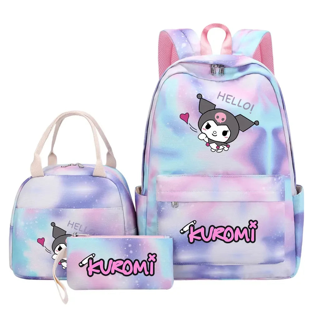 New Kuromi Girls Kids Pen Lunch Bags Bookbags 3 Pcs Women Teenagers Schoolbags Travel Laptop Rainbow Backpack
