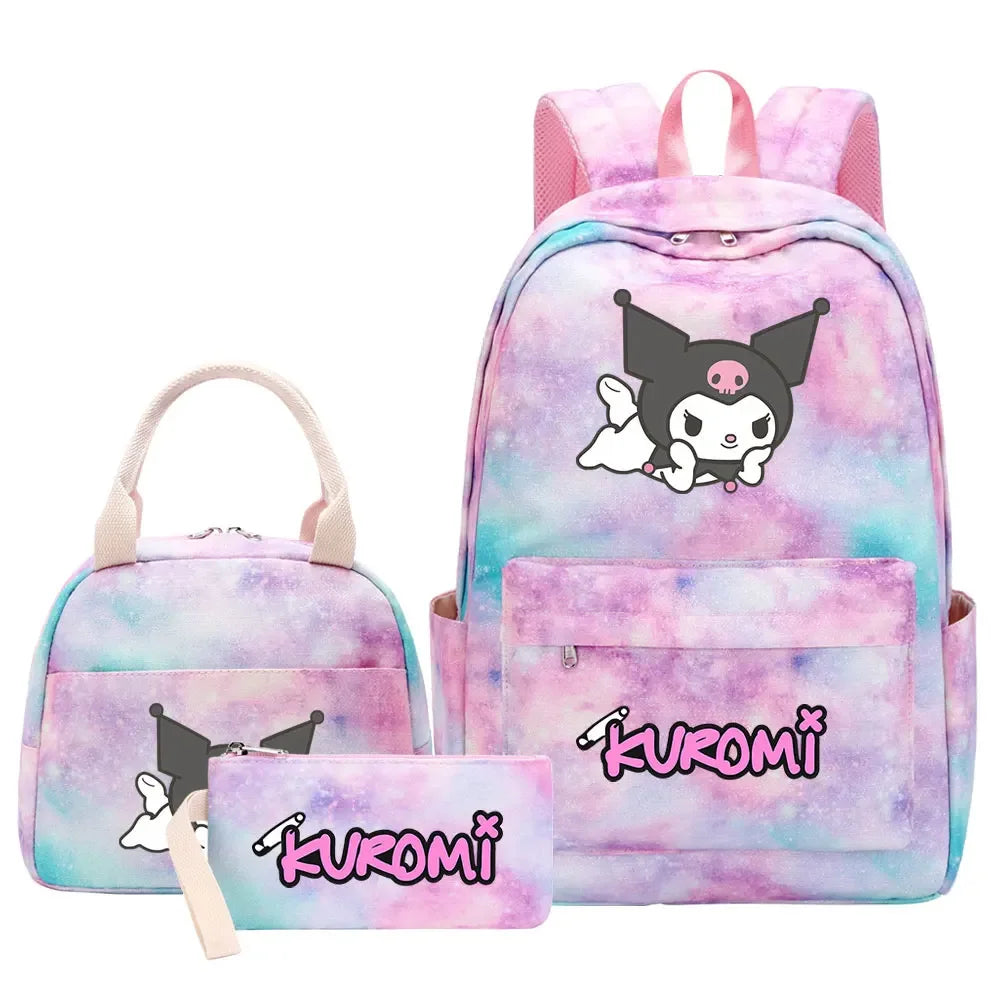 New Kuromi Girls Kids Pen Lunch Bags Bookbags 3 Pcs Women Teenagers Schoolbags Travel Laptop Rainbow Backpack