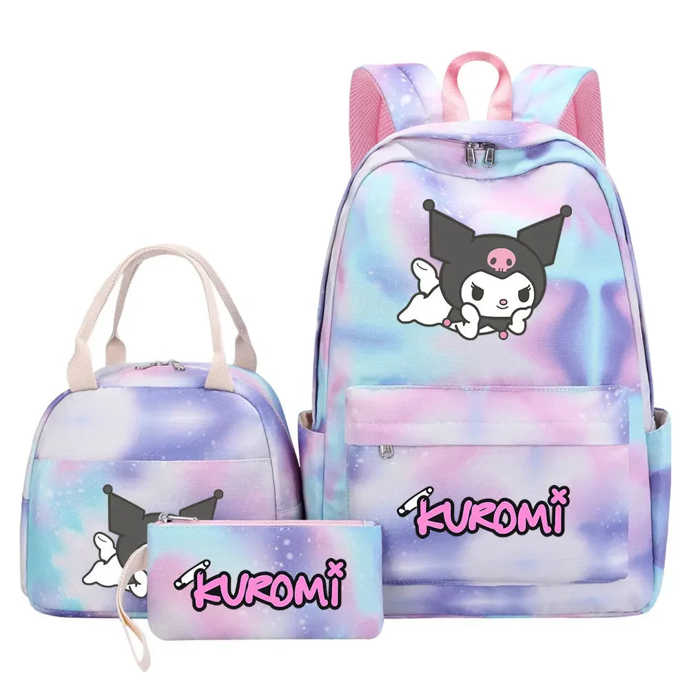 New Kuromi Girls Kids Pen Lunch Bags Bookbags 3 Pcs Women Teenagers Schoolbags Travel Laptop Rainbow Backpack