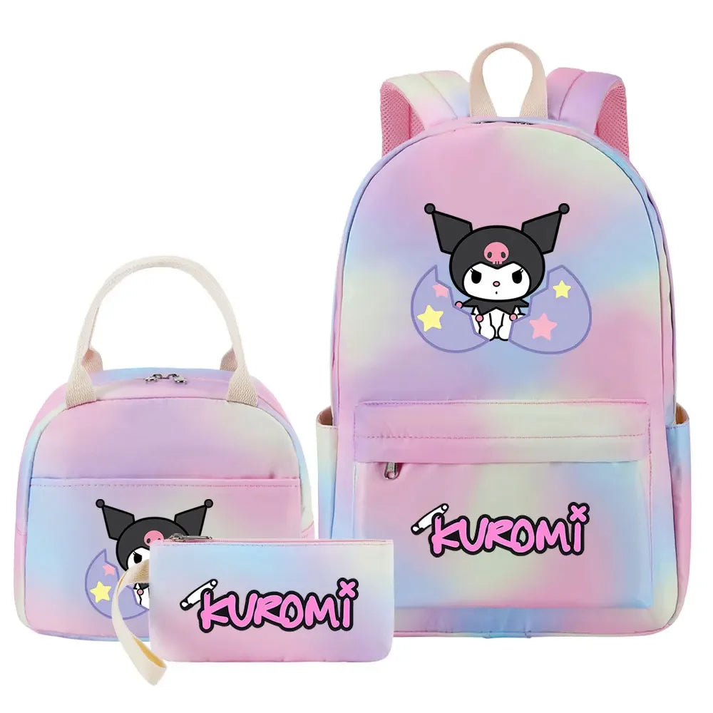 New Kuromi Girls Kids Pen Lunch Bags Bookbags 3 Pcs Women Teenagers Schoolbags Travel Laptop Rainbow Backpack