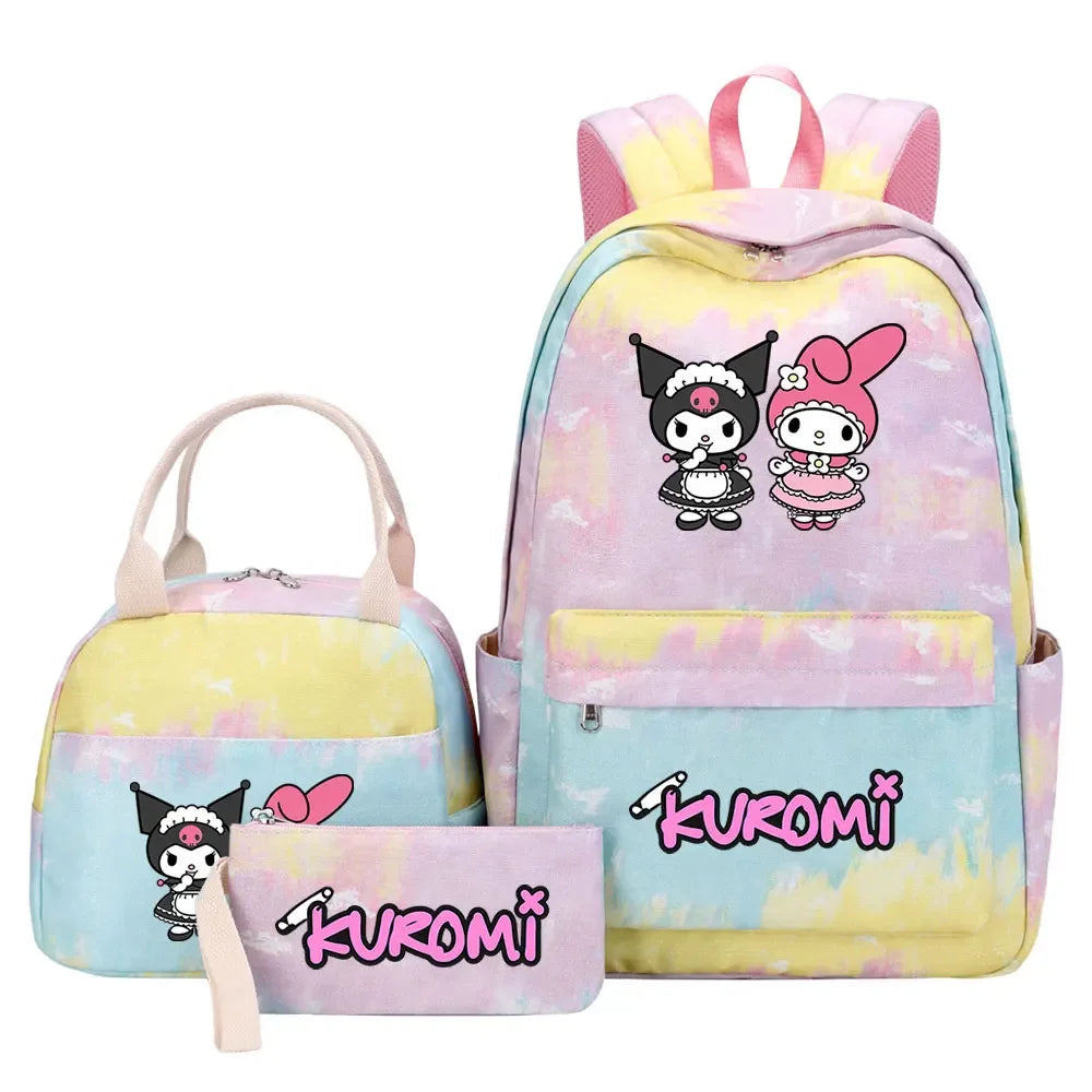 New Kuromi Girls Kids Pen Lunch Bags Bookbags 3 Pcs Women Teenagers Schoolbags Travel Laptop Rainbow Backpack