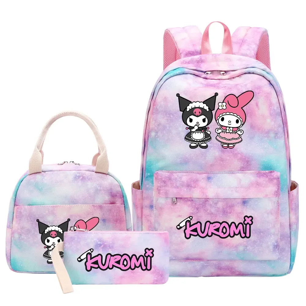 New Kuromi Girls Kids Pen Lunch Bags Bookbags 3 Pcs Women Teenagers Schoolbags Travel Laptop Rainbow Backpack