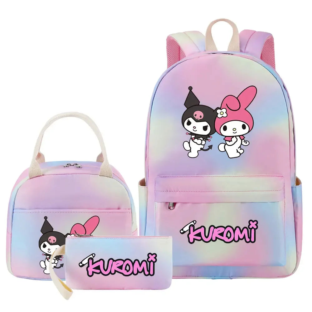 New Kuromi Girls Kids Pen Lunch Bags Bookbags 3 Pcs Women Teenagers Schoolbags Travel Laptop Rainbow Backpack