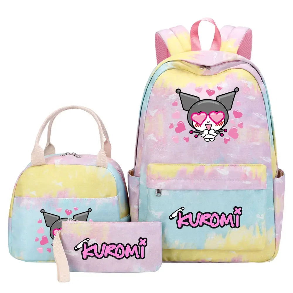 New Kuromi Girls Kids Pen Lunch Bags Bookbags 3 Pcs Women Teenagers Schoolbags Travel Laptop Rainbow Backpack