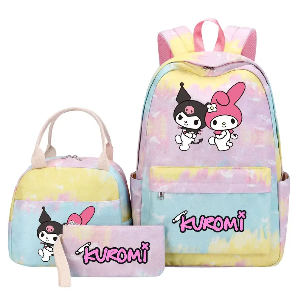 New Kuromi Girls Kids Pen Lunch Bags Bookbags 3 Pcs Women Teenagers Schoolbags Travel Laptop Rainbow Backpack