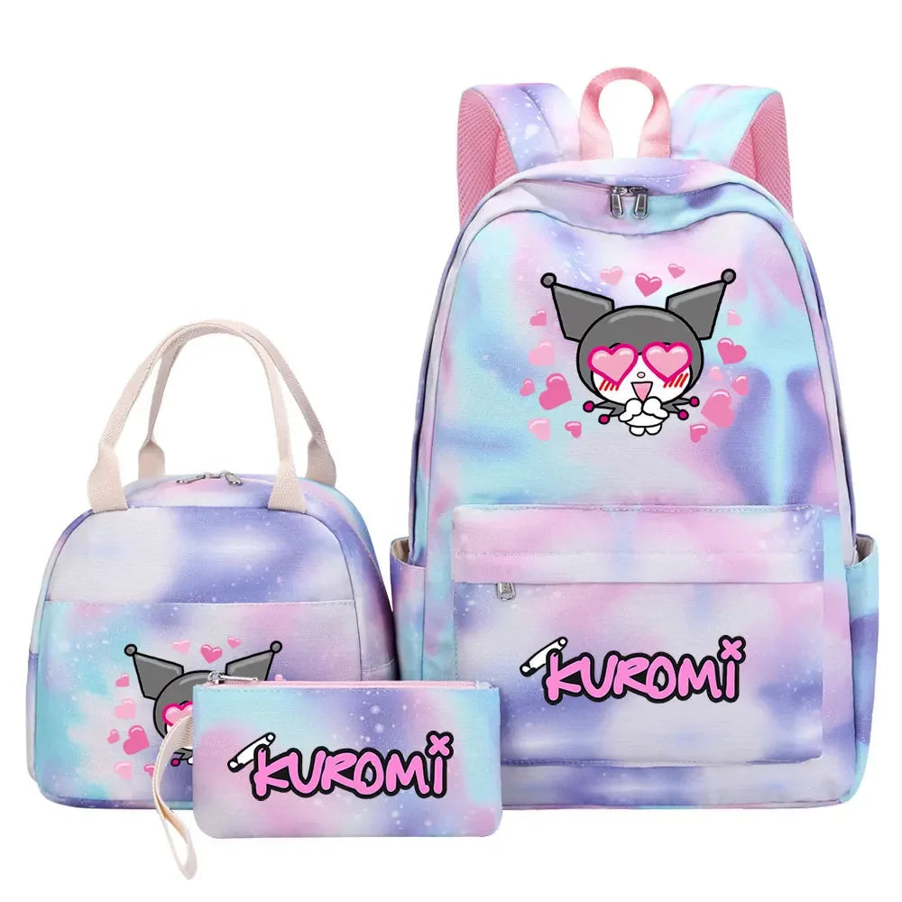 New Kuromi Girls Kids Pen Lunch Bags Bookbags 3 Pcs Women Teenagers Schoolbags Travel Laptop Rainbow Backpack