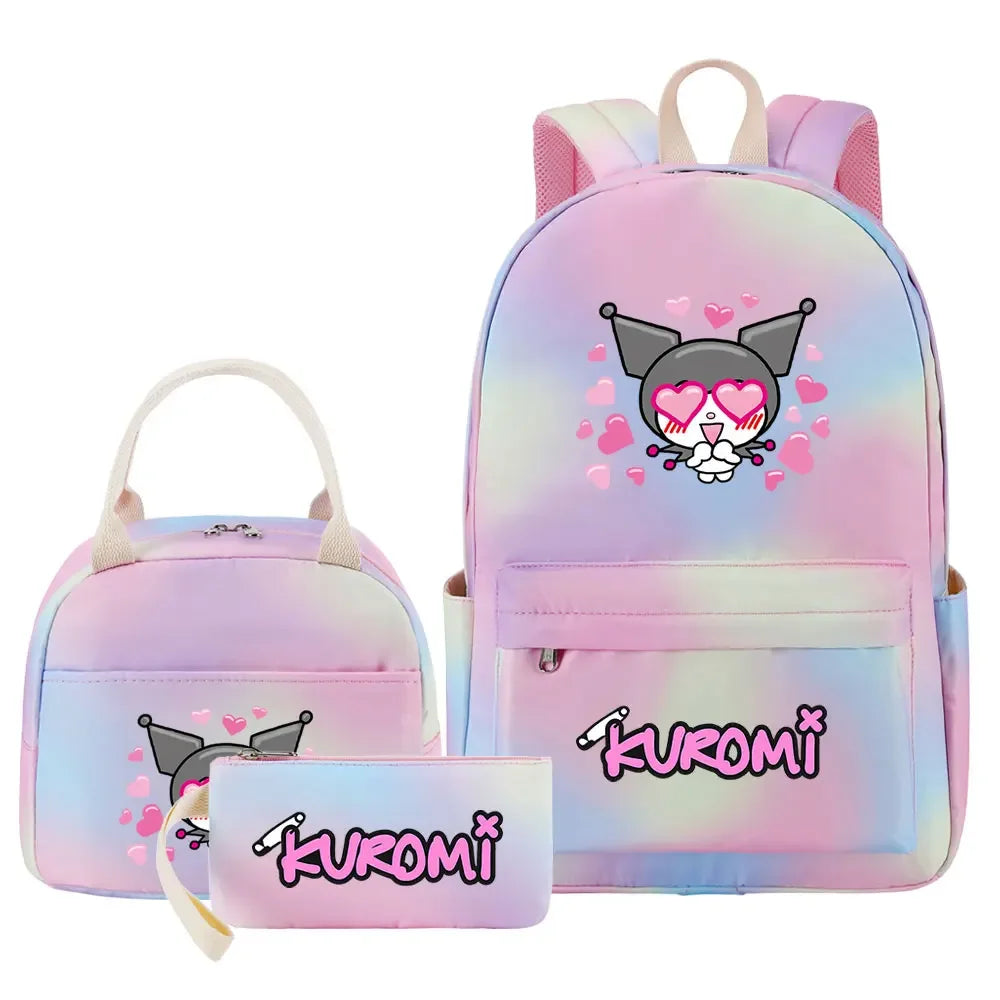 New Kuromi Girls Kids Pen Lunch Bags Bookbags 3 Pcs Women Teenagers Schoolbags Travel Laptop Rainbow Backpack