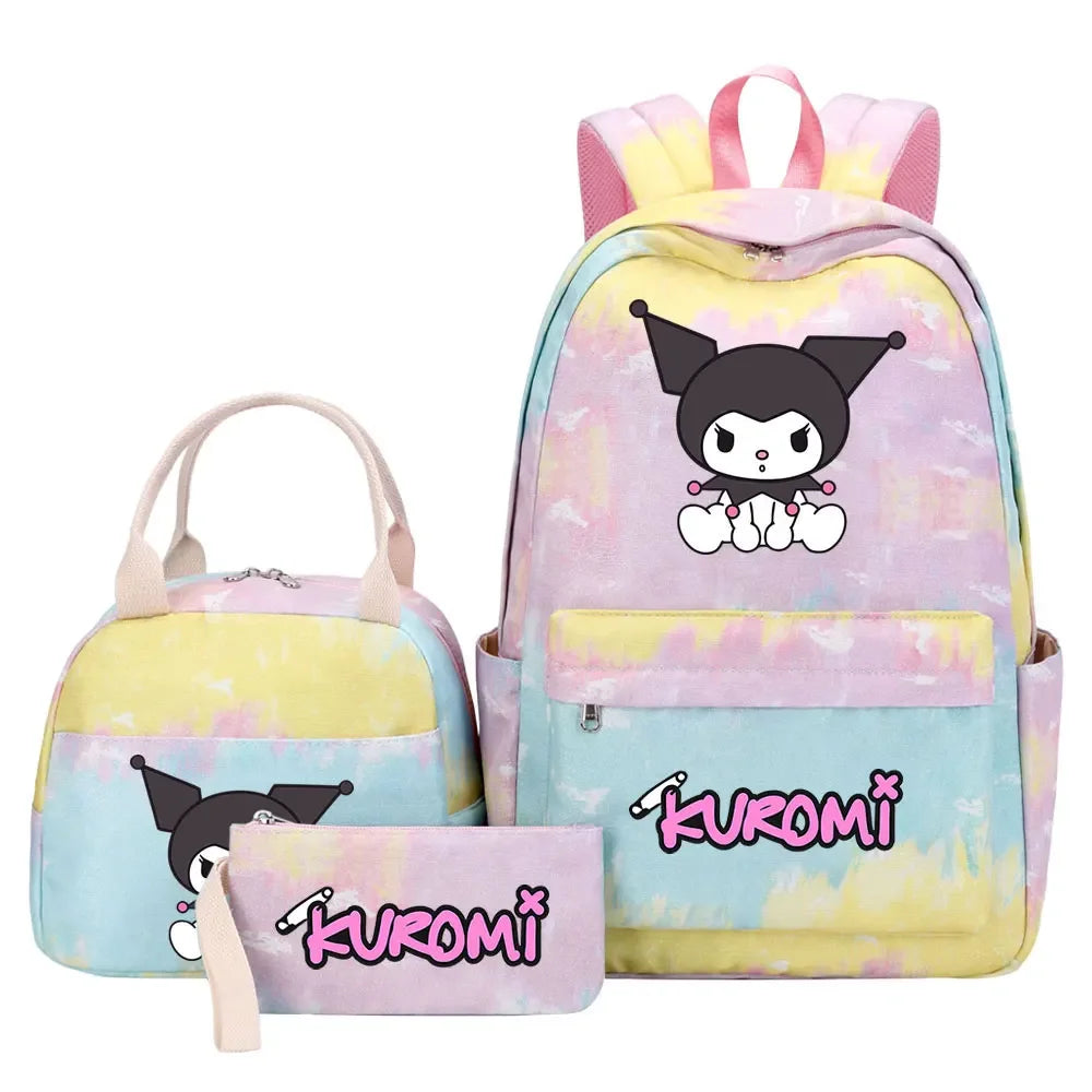 New Kuromi Girls Kids Pen Lunch Bags Bookbags 3 Pcs Women Teenagers Schoolbags Travel Laptop Rainbow Backpack