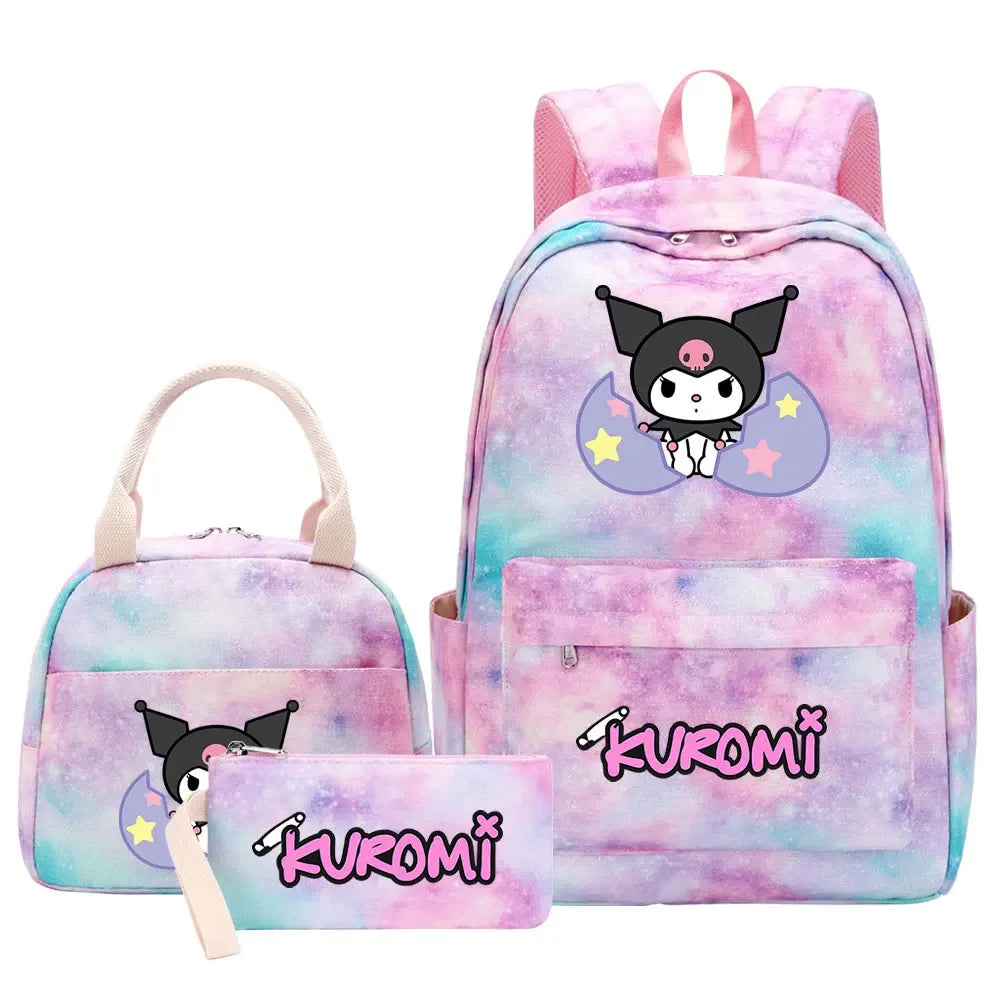 New Kuromi Girls Kids Pen Lunch Bags Bookbags 3 Pcs Women Teenagers Schoolbags Travel Laptop Rainbow Backpack
