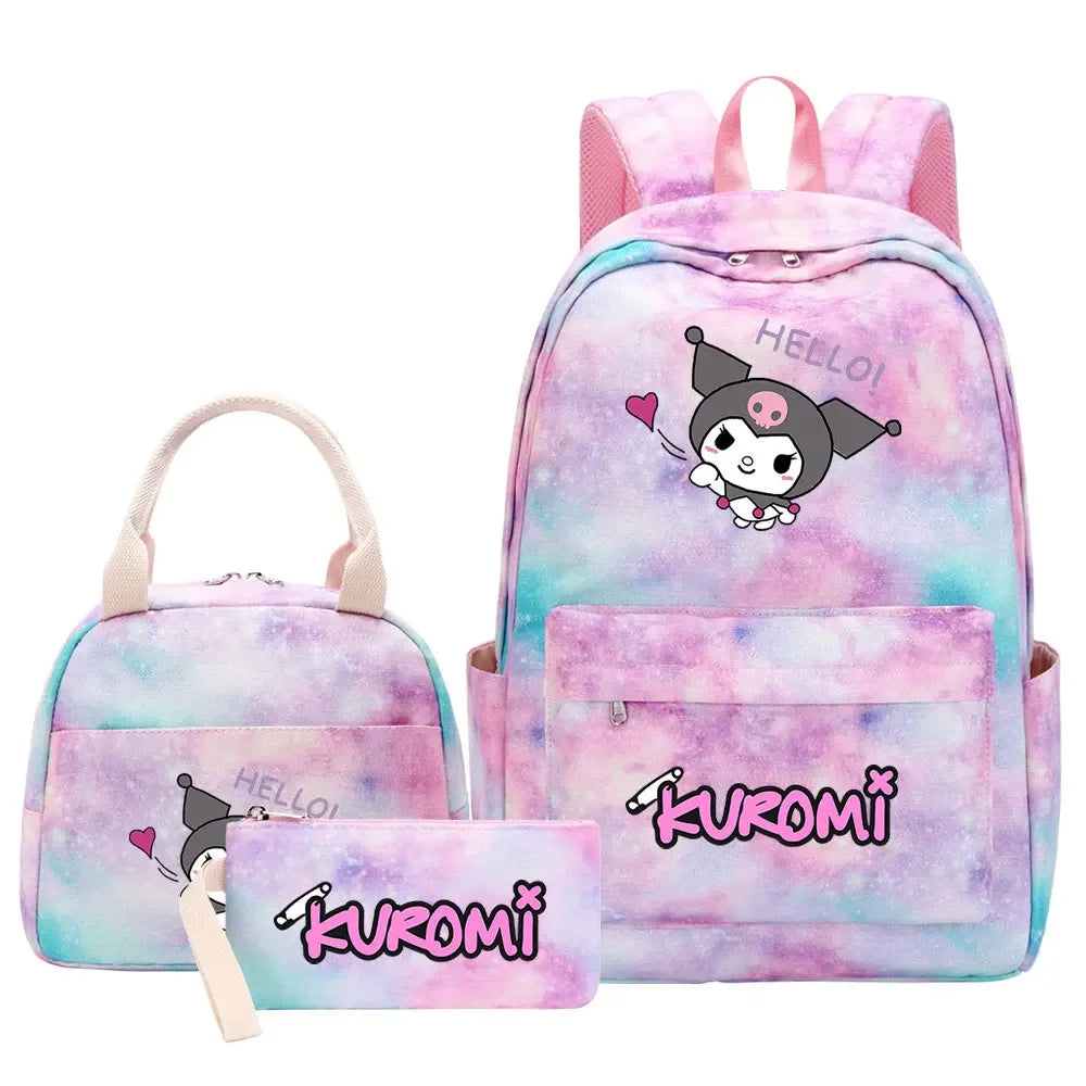 New Kuromi Girls Kids Pen Lunch Bags Bookbags 3 Pcs Women Teenagers Schoolbags Travel Laptop Rainbow Backpack