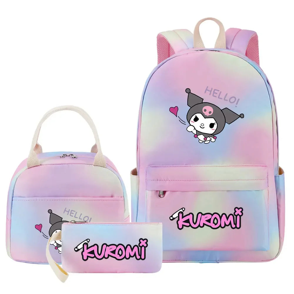 New Kuromi Girls Kids Pen Lunch Bags Bookbags 3 Pcs Women Teenagers Schoolbags Travel Laptop Rainbow Backpack