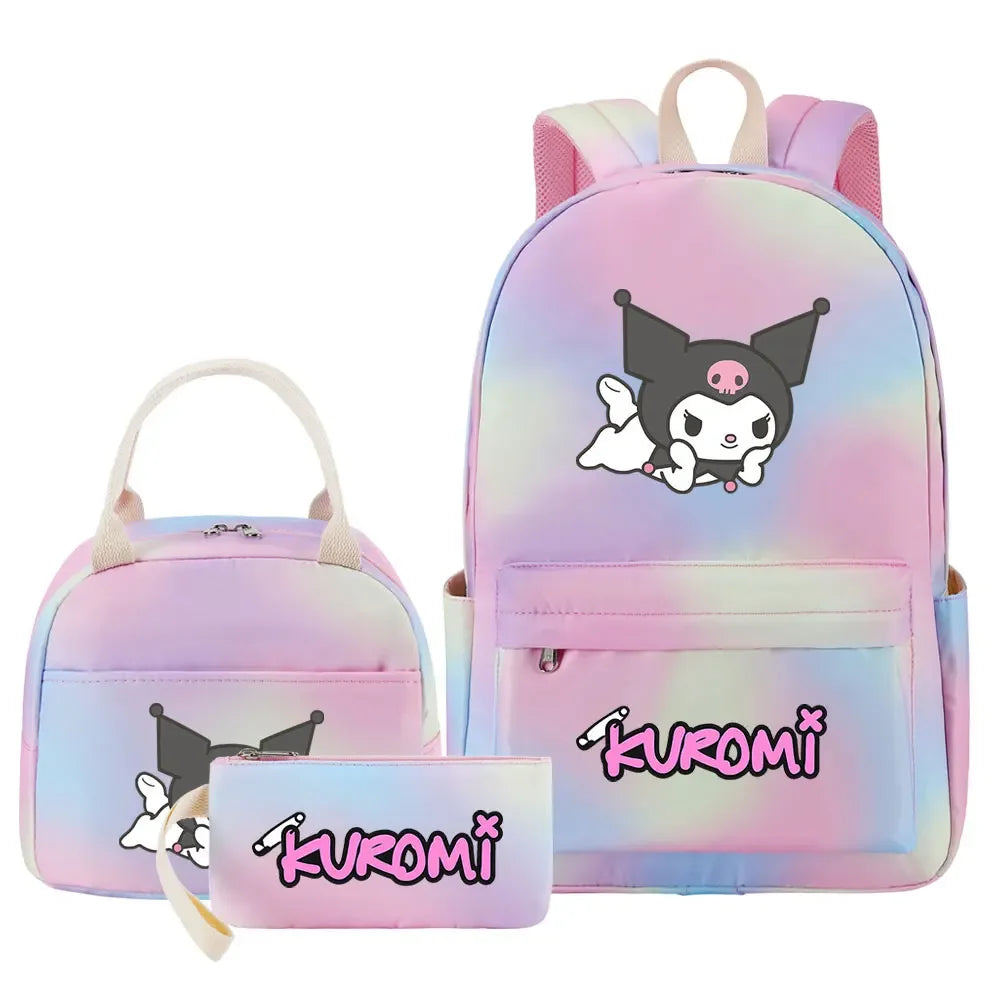 New Kuromi Girls Kids Pen Lunch Bags Bookbags 3 Pcs Women Teenagers Schoolbags Travel Laptop Rainbow Backpack
