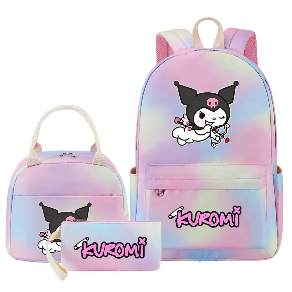 New Kuromi Girls Kids Pen Lunch Bags Bookbags 3 Pcs Women Teenagers Schoolbags Travel Laptop Rainbow Backpack
