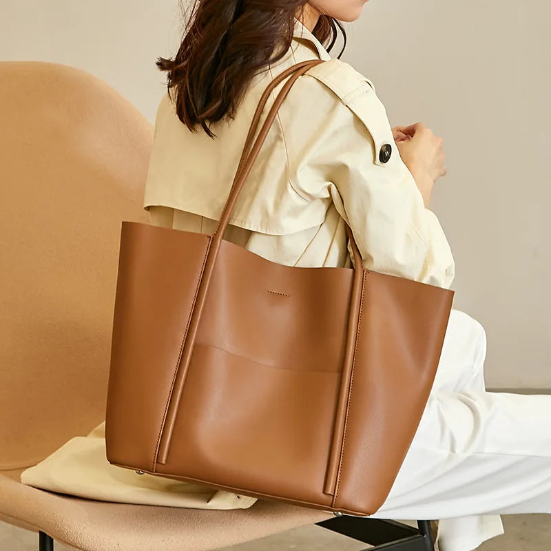 New Ladies Handbag Female Large Capacity Commuter Tote Bag Women's Purses Solid All-match Luxury Genuine Leather Elegant Bolsos