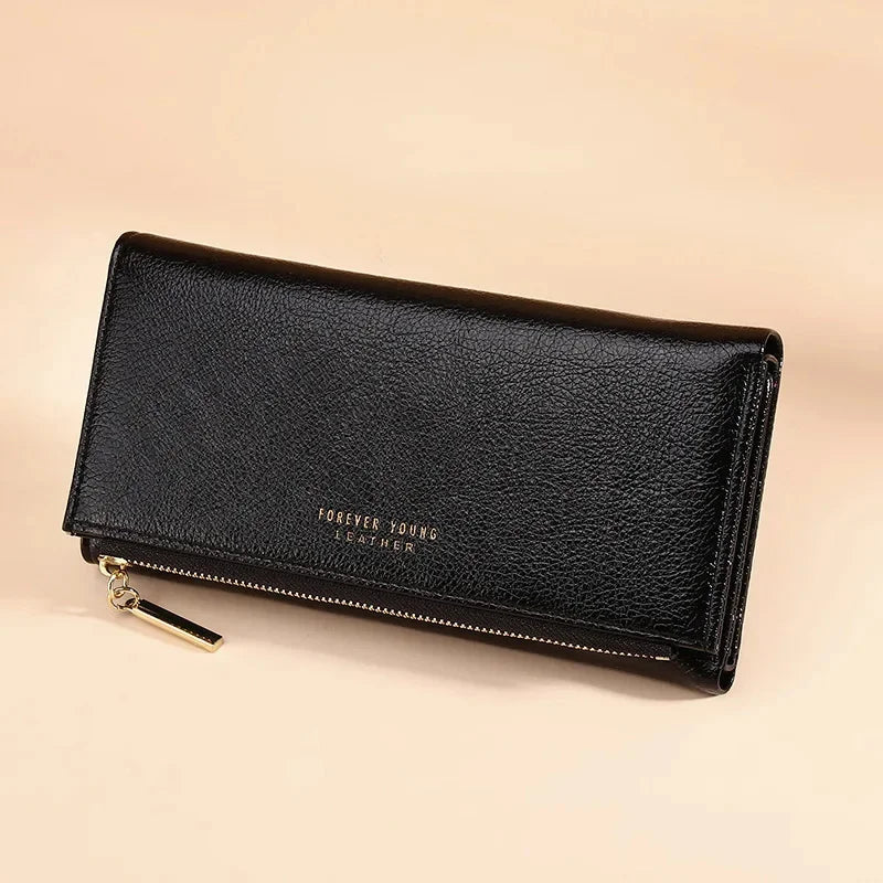 New Ladies PU Korean Version Long Clutch Small Fresh Tri-fold Wallet Fashion Zipper Buckle Coin Purse