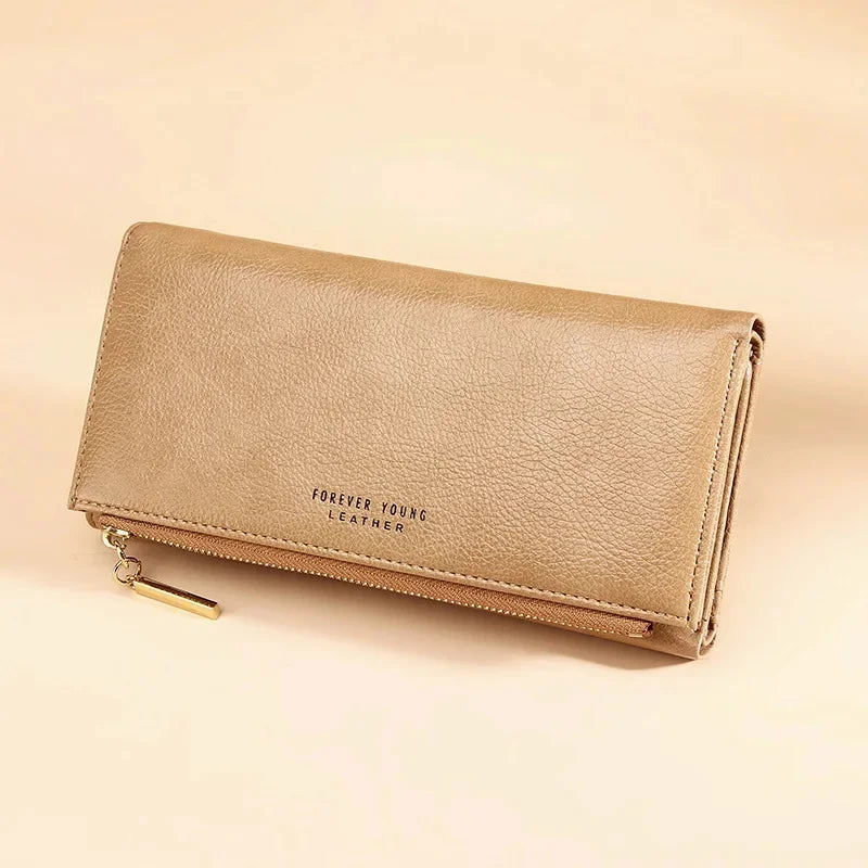 New Ladies PU Korean Version Long Clutch Small Fresh Tri-fold Wallet Fashion Zipper Buckle Coin Purse