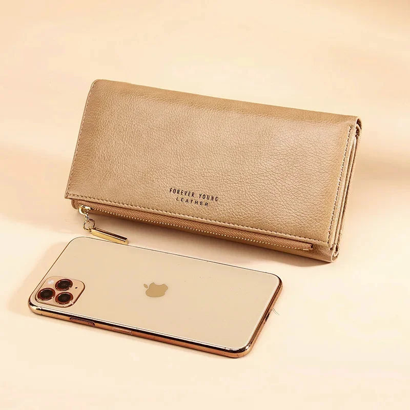 New Ladies PU Korean Version Long Clutch Small Fresh Tri-fold Wallet Fashion Zipper Buckle Coin Purse