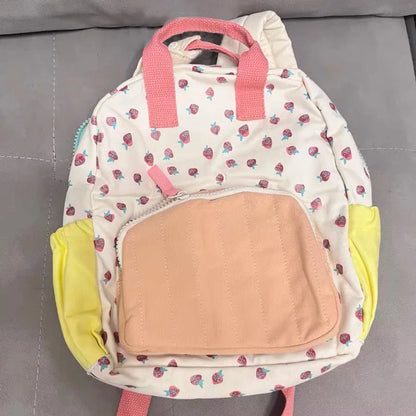 New Lovely Canvas Strawberry Printed Girls School Bag Cute Contrast Backpack Daughter Children's Small Bag
