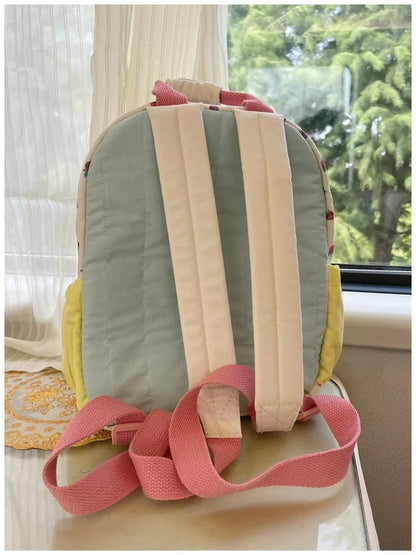New Lovely Canvas Strawberry Printed Girls School Bag Cute Contrast Backpack Daughter Children's Small Bag
