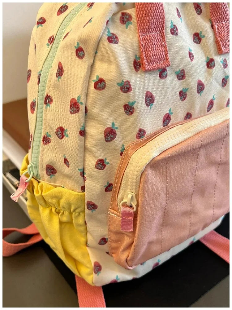 New Lovely Canvas Strawberry Printed Girls School Bag Cute Contrast Backpack Daughter Children's Small Bag