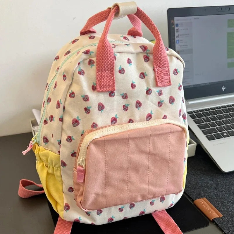 New Lovely Canvas Strawberry Printed Girls School Bag Cute Contrast Backpack Daughter Children's Small Bag