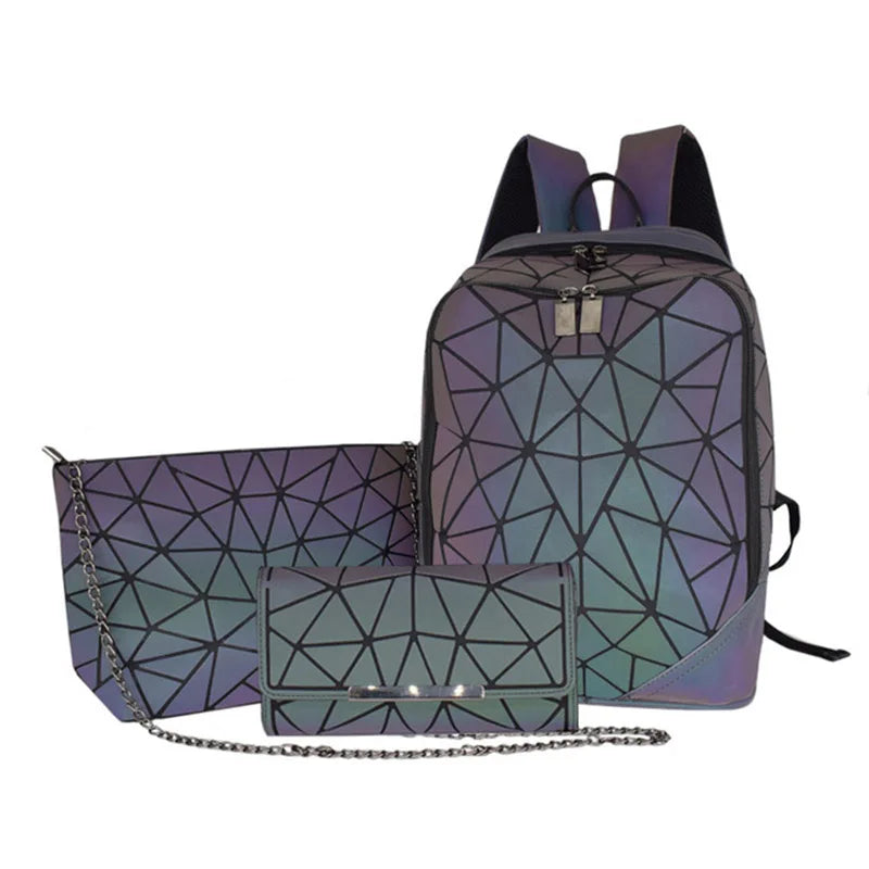 New Luminous bag Women Backpack 3 Pcs Set Laptop Backpacks Student School Bags Holographic Purse Geometric Bagpack Bag Mochila