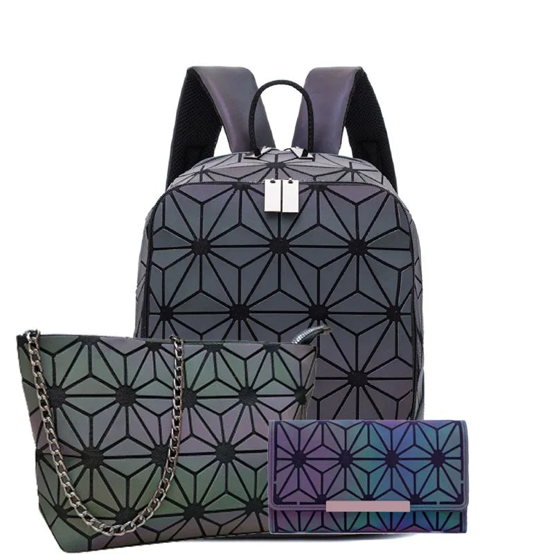 New Luminous bag Women Backpack 3 Pcs Set Laptop Backpacks Student School Bags Holographic Purse Geometric Bagpack Bag Mochila